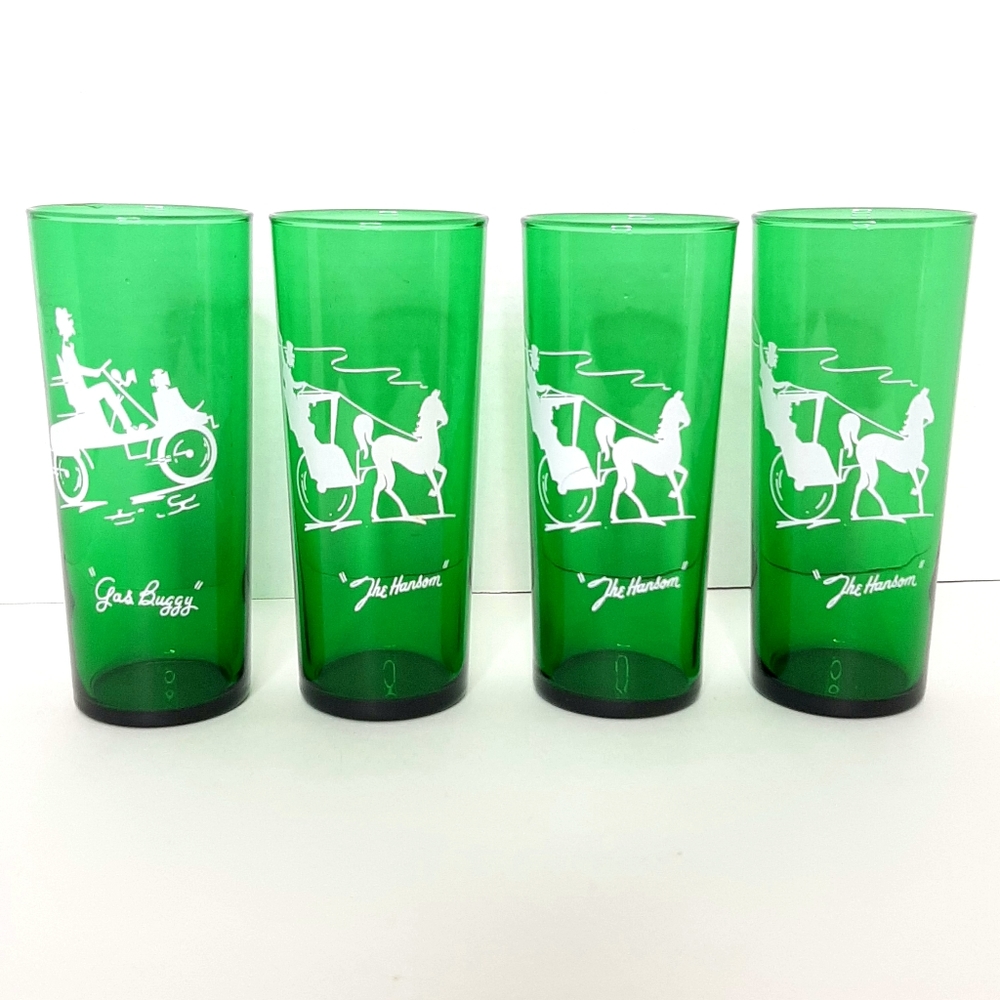 VINTAGE GREEN HIGH BALL ANCHOR HOCKING TRANSPORTATION GLASSES